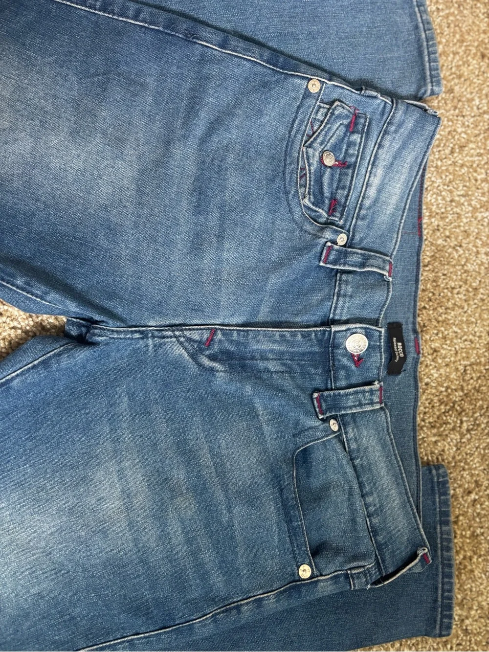 True Religion Women's Mid Blue Straight Leg Jeans with Contrast Stitching